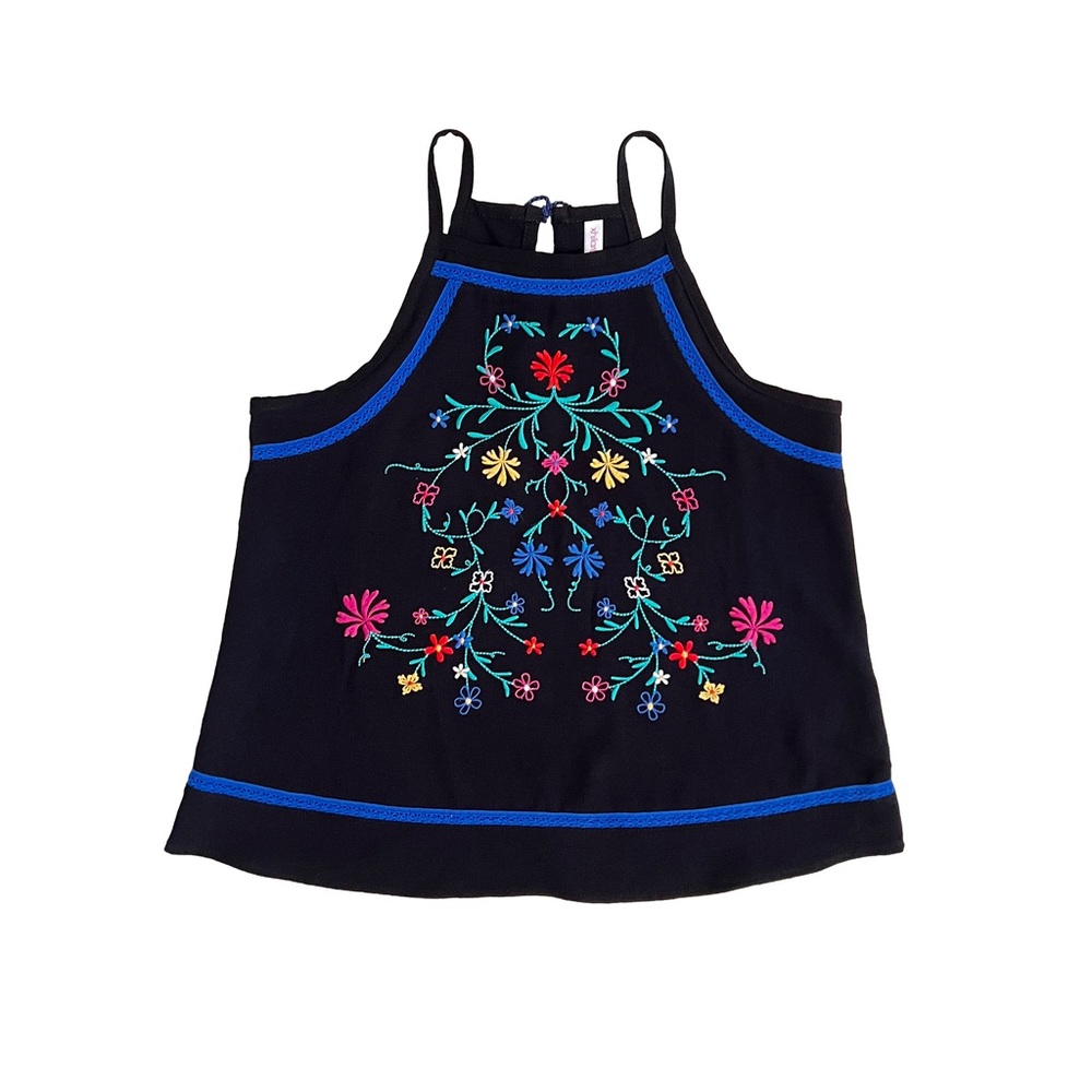 Xhiliration Embroidered Floral Tassel Tank Top